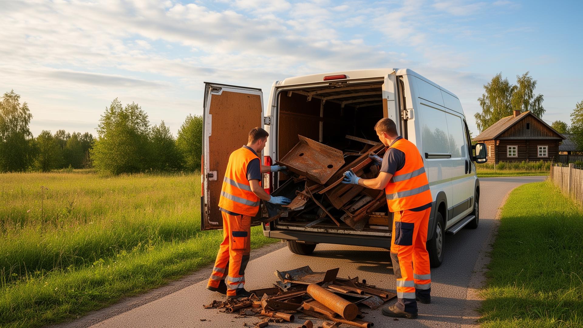 Hydraulic crane grabbing scrap pile at a farm